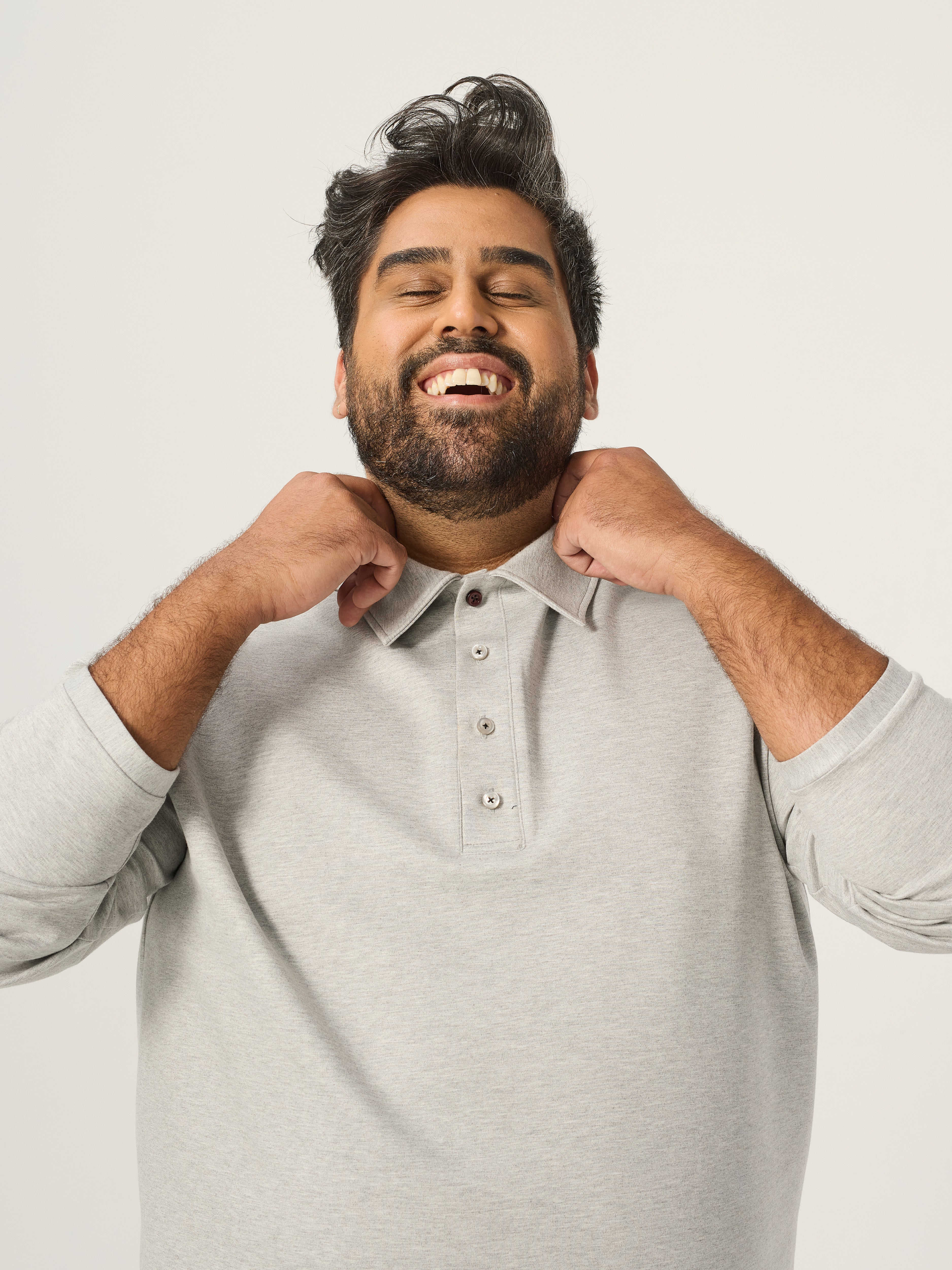 Wide the Brand | Long Sleeve Stretch Polo Shirt | XL to 6XL | Light Grey